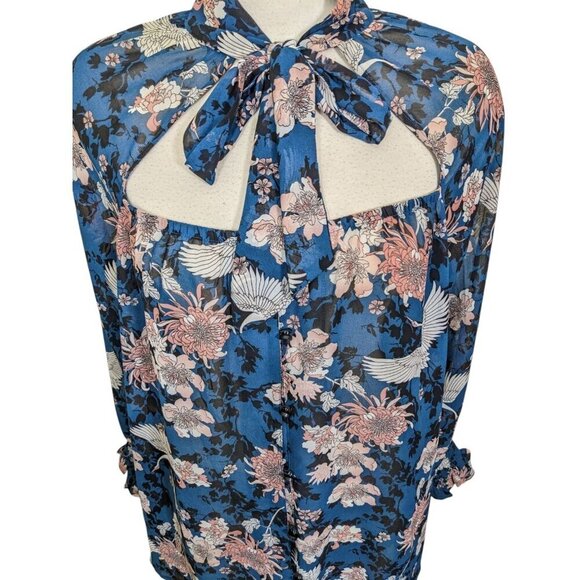 Michel Studio Womens Plus 3X Sheer Button Blouse Long Sleeve Shirt Crane Flowers - Picture 2 of 7